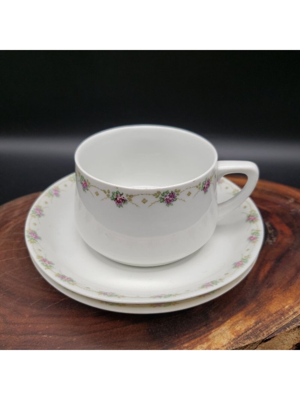 Weimar Germany Teacup Saucer Set Pink Floral Garland Gold Trim 3pc